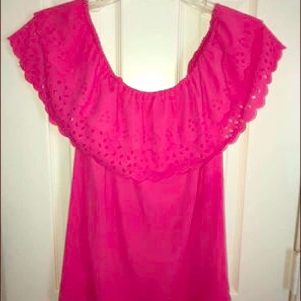Hot Pink Off the Shoulder Eyelet Detailed Top